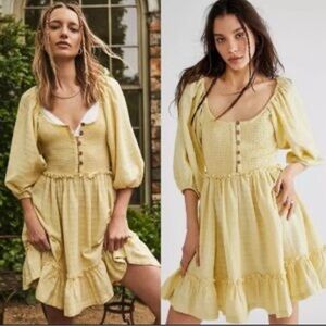 Free People Summer Picnic Yellow Boho Chic Cottagecore Mini Smocked Dress Sz L